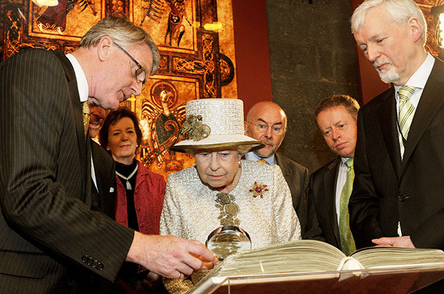 Queen Elizabeth II reads the Book of Kells
