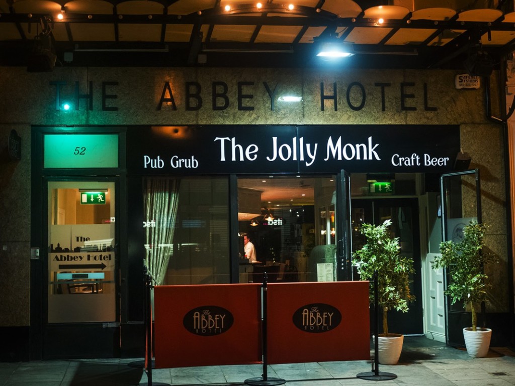 Entrance to Dublin's Abbey Hotel, and The Jolly Monk bar