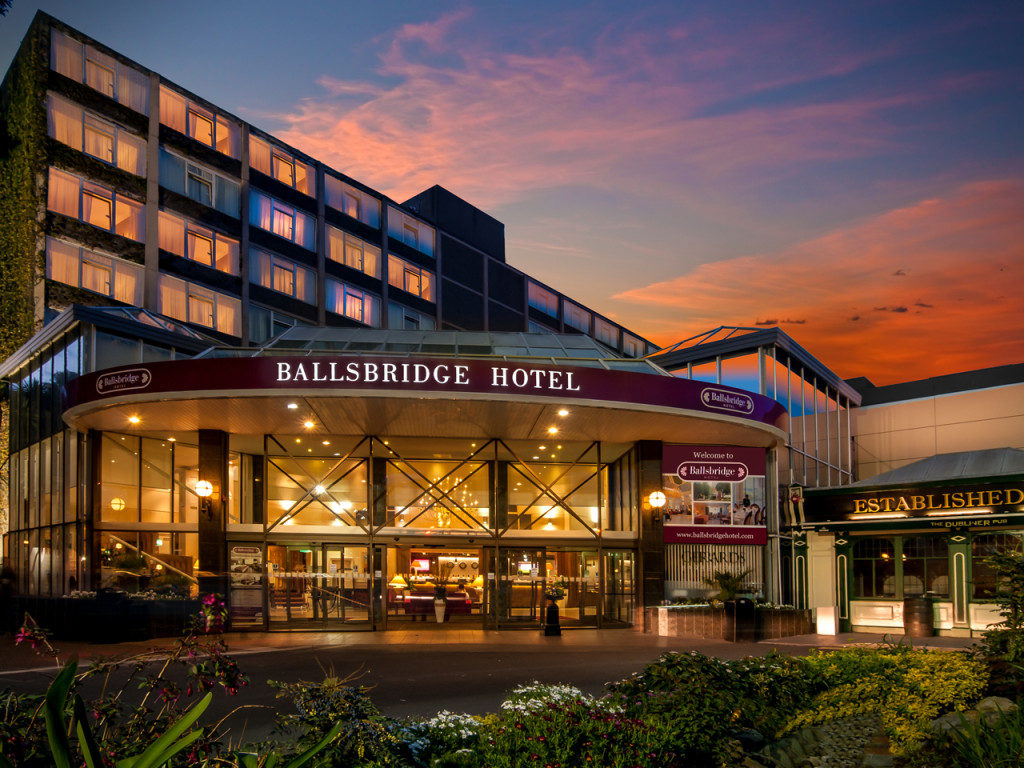 The inviting front entrance of Ballsbridge Hotel, Dublin