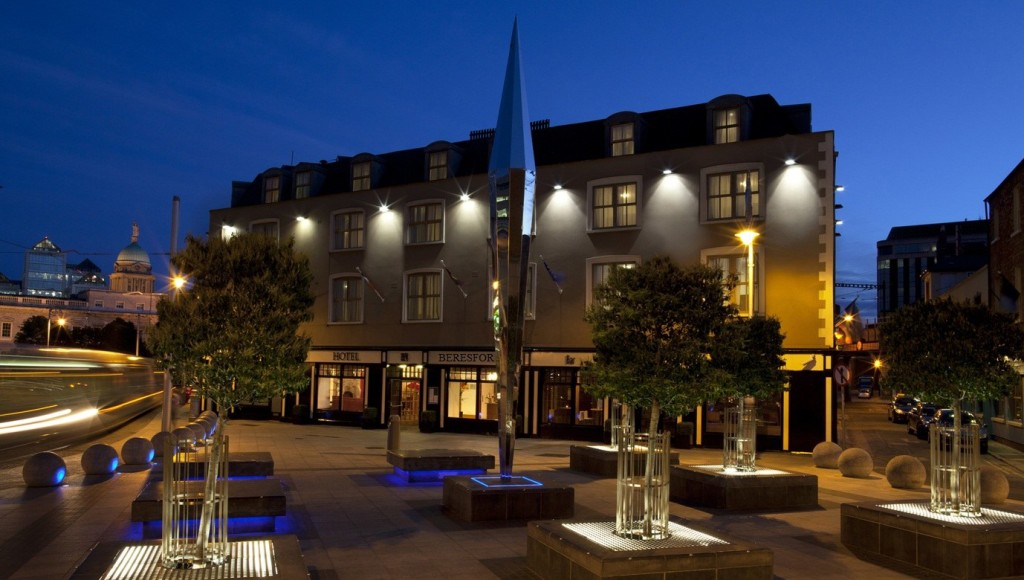 The exterior of Beresford Hotel in the twilight
