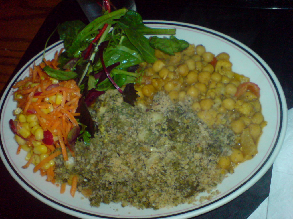 A vegetarian meal of lentils and salads in Govindas restaurant