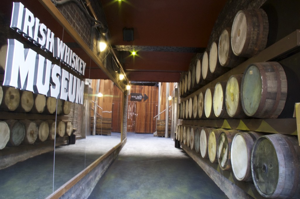 Irish Whiskey Museum entrance with barrels