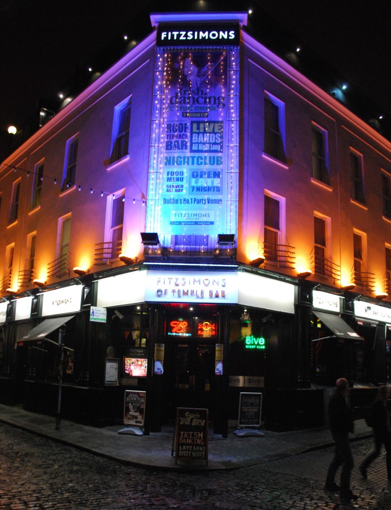 The glowing entrance of Fitzsimons Temple Bar