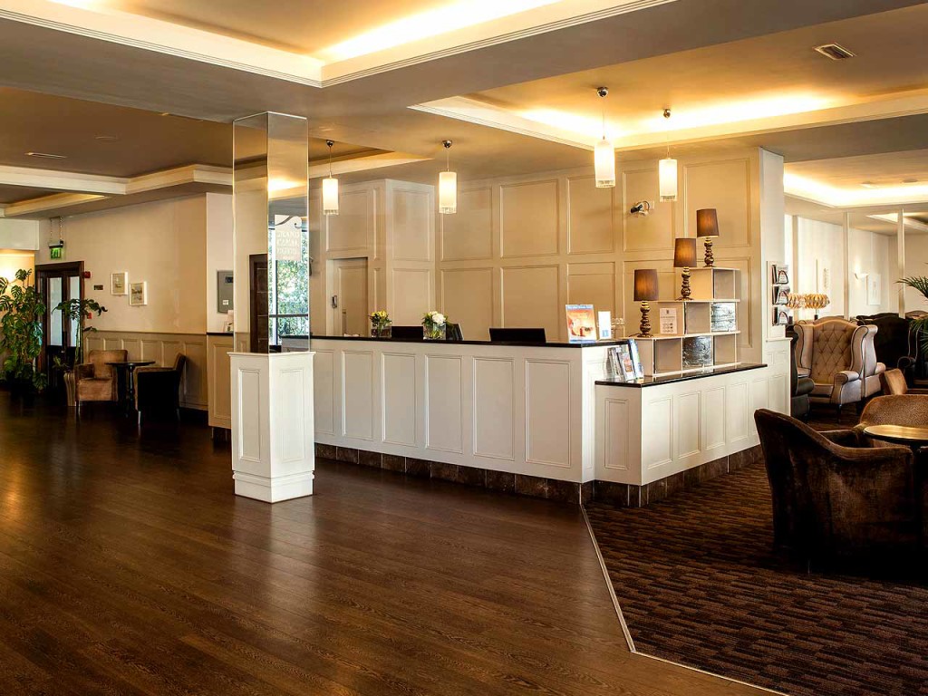 The classy, modern reception and lobby of Dublin's Grand Canal Hotel