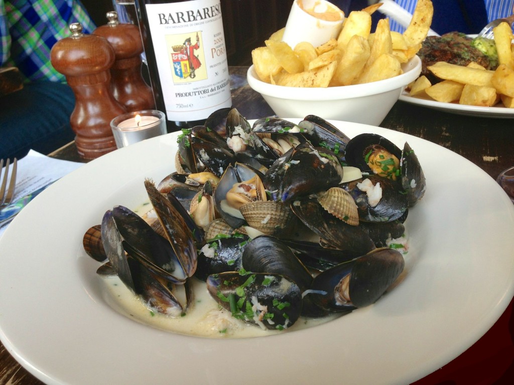 Steamed mussels and shellfish in The Winding Stair Restaurant, Dublin