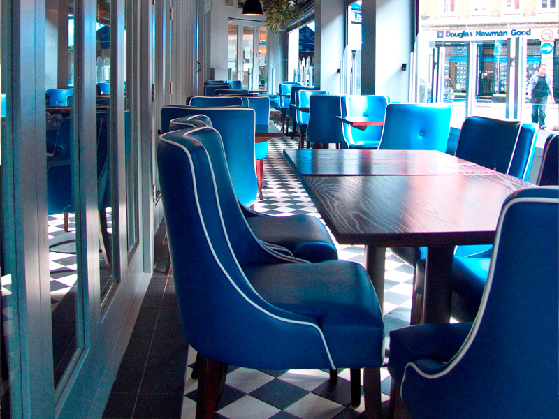 Pichet restaurant's distinctive blue-seated dining area