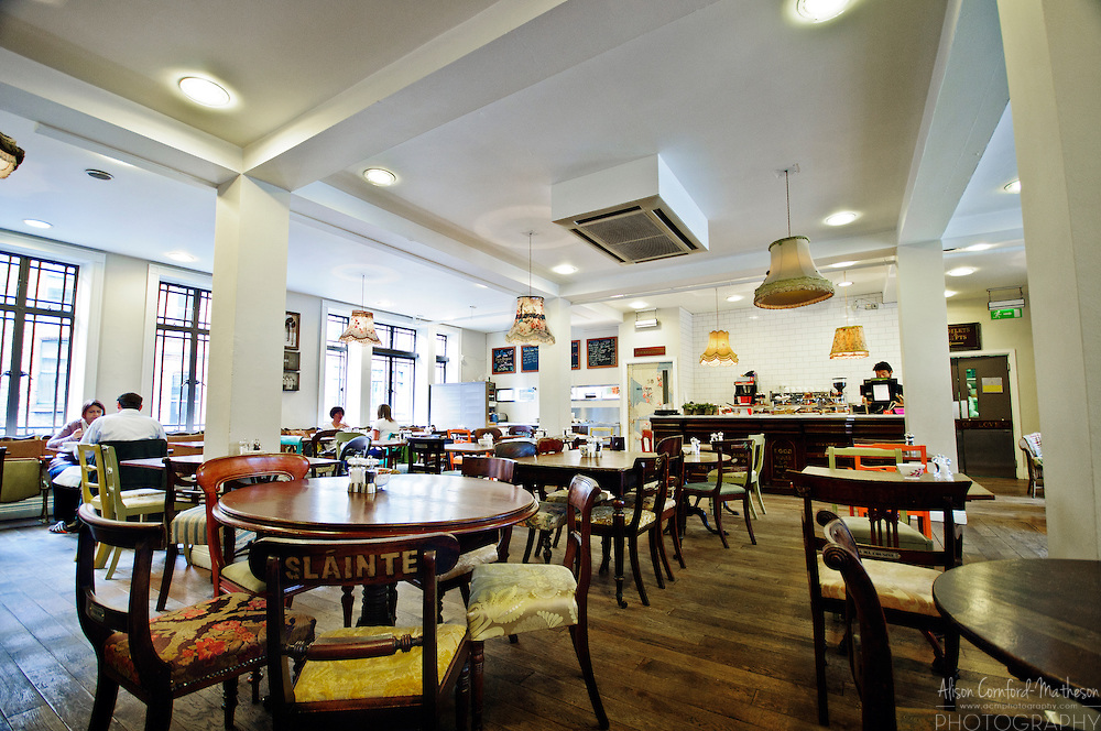 High ceilings and classy seating characterize the interior of the Avoca Cafe, Dublin
