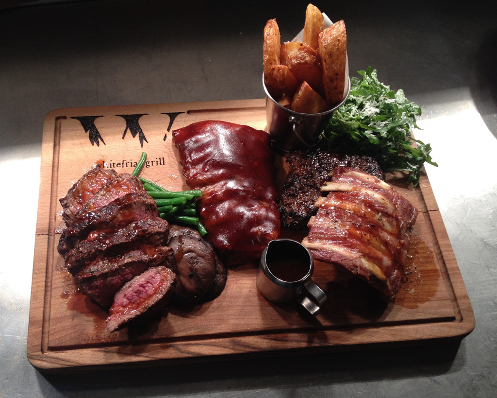A selection of succulent, juicy meat cutlets, ribs and rump steaks in Whitefriar Grill